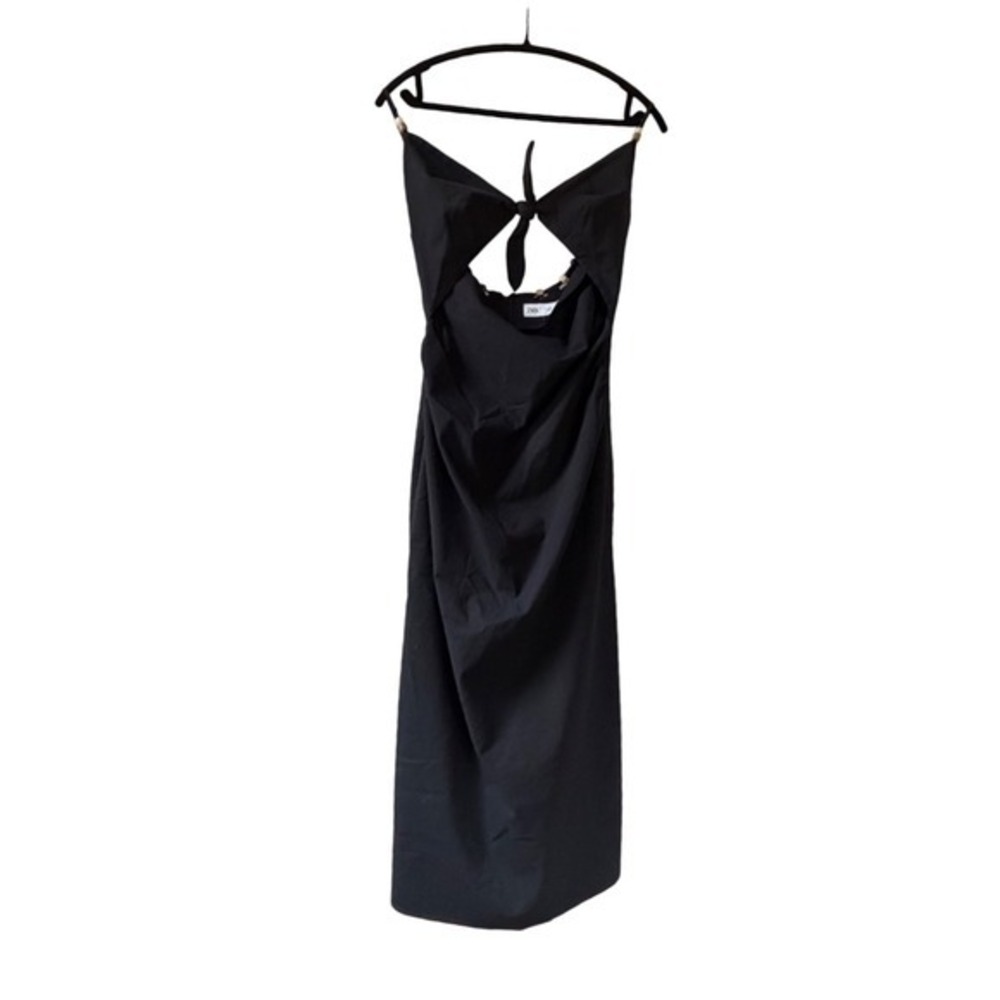 Zara Black Linen Blend Cutout Tie Front Midi Dress with Beaded Back Detail Large